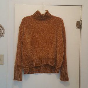 Chelsea and Theodore Fall Mustard Sweater Cozy Fluffy Slouchy Orange Turtleneck